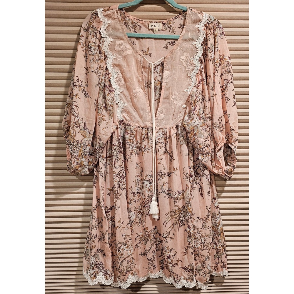 POL Womens Boho‎ Floral Lace Trim Tunic Top Pink Bird Print Balloon Sleeve Large